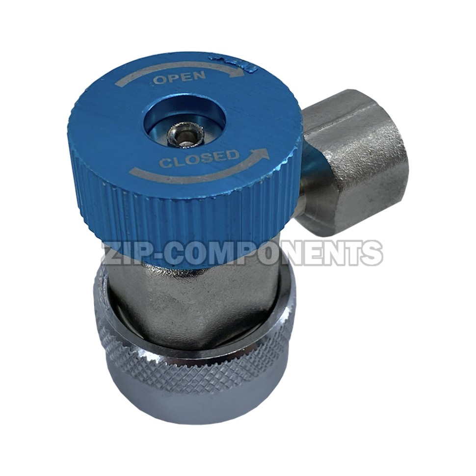 Муфта быстросъемная для автокондиционера QC-L для R134а с краном, 3/8" SAE 90° female + переходник 1/4 SAE male, низкое давление